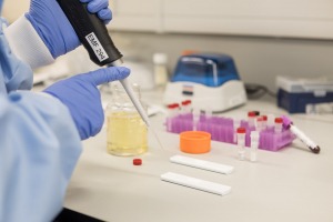 Assay development scientist adding a sample to a lateral flow test
