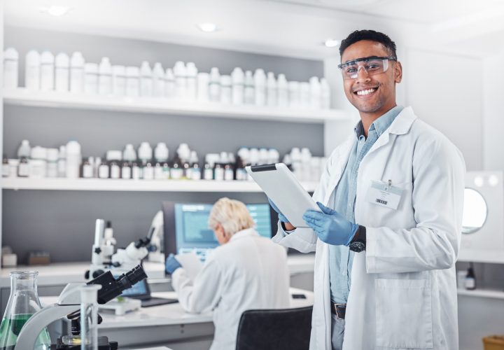 Science,,Tablet,And,Portrait,Of,A,Male,Scientist,Doing,Research