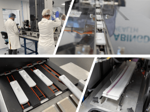 Multiple pictures of high-volume lateral flow test manufacturing scale-up equipment