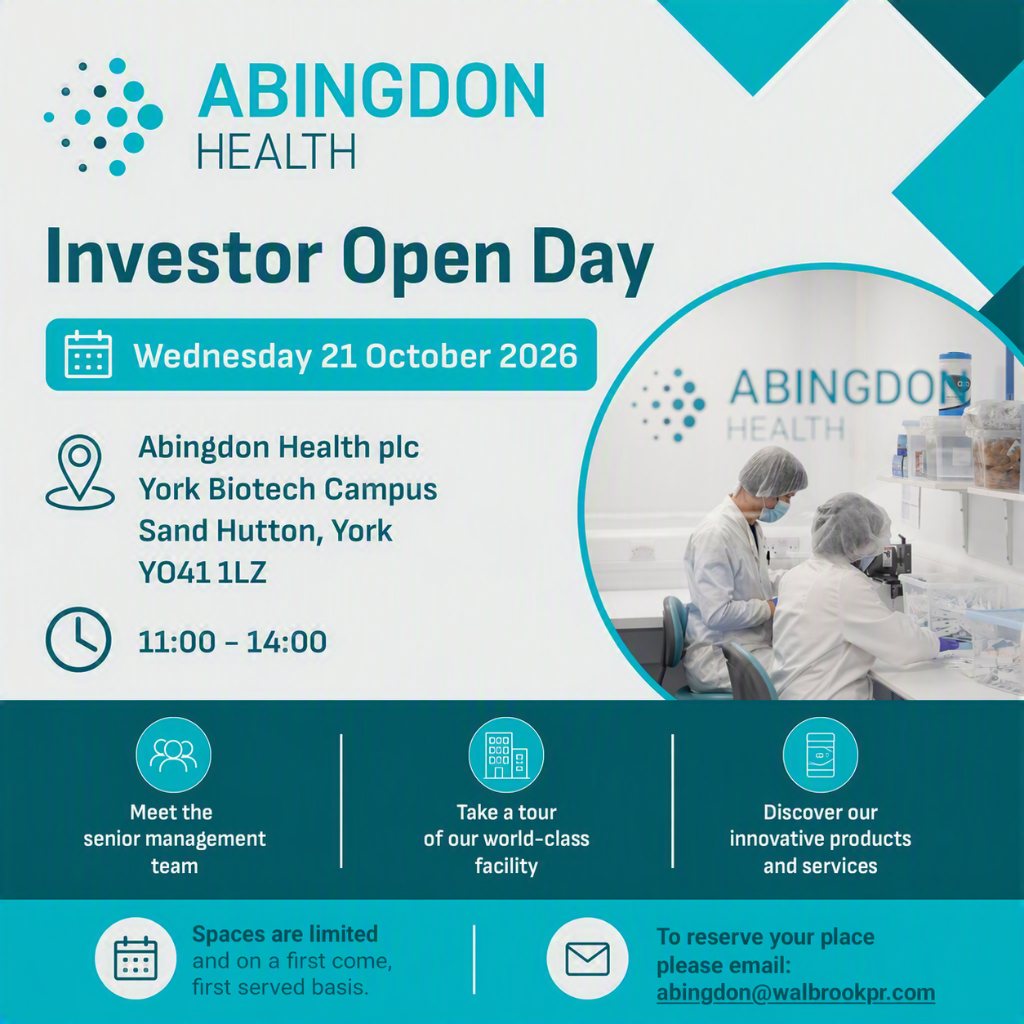 Abingdon Health Investor Open Day, Wednesday 21 October 2026, 11:00 to 14:00, York Biotech Campus, Sand Hutton, York YO41 1LZ